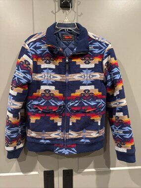 Rock & Roll Denim Aztec Bomber Jacket Navy Quilt Patch Pocket Zip Front Men's M